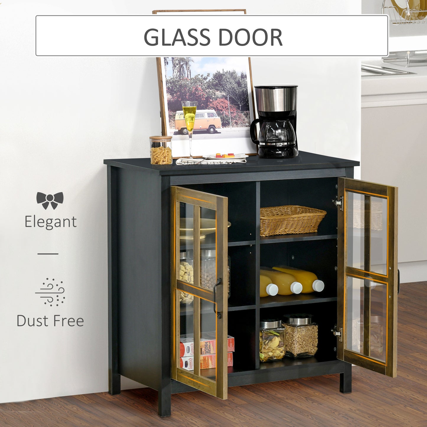 Kitchen Sideboard, Glass Door Buffet Cabinet, Accent Storage Cabinet with 2 Glass Doors and Adjustable Shelf for Dining Room, Living Room, Black Wood Grain