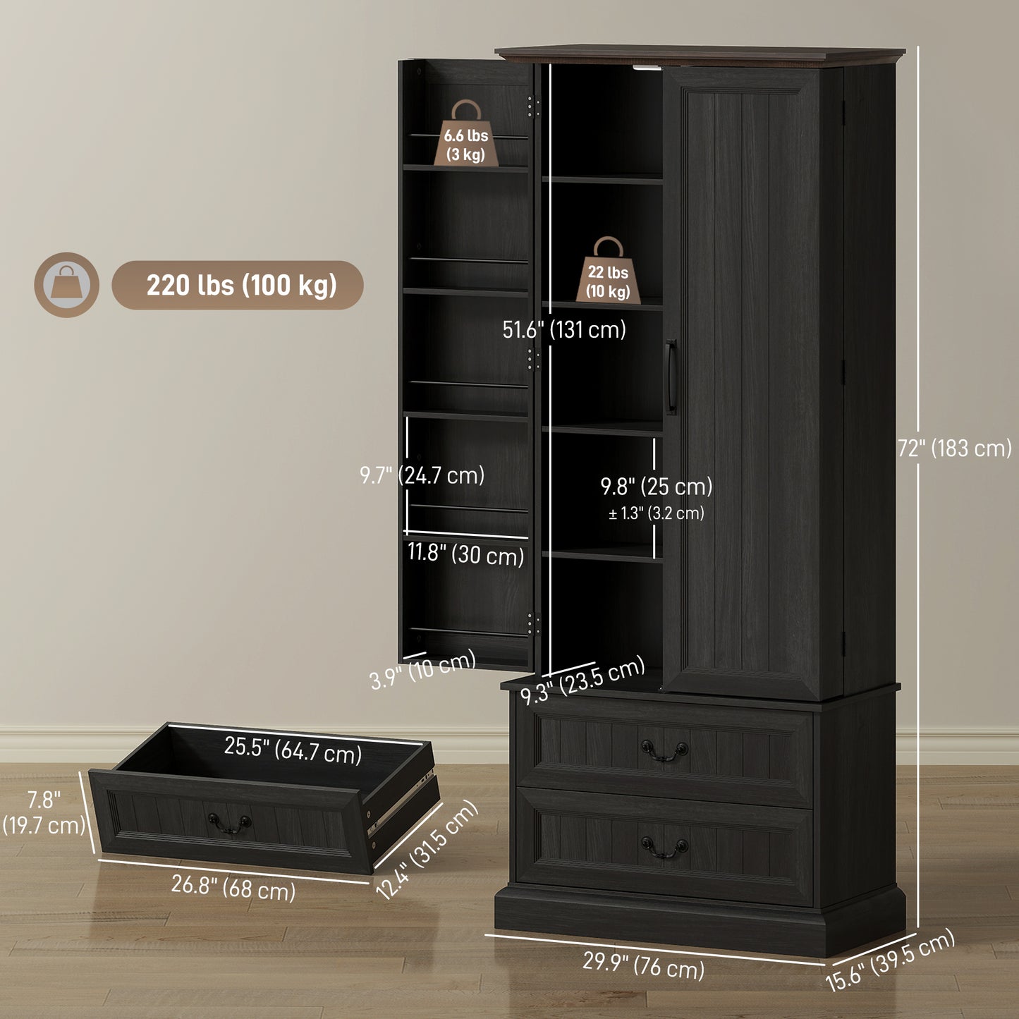 72" LED Kitchen Pantry Cabinet, Buffet Storage Cabinet with 10 Door Shelves, 2 Drawers and Adjustable Shelves, Black