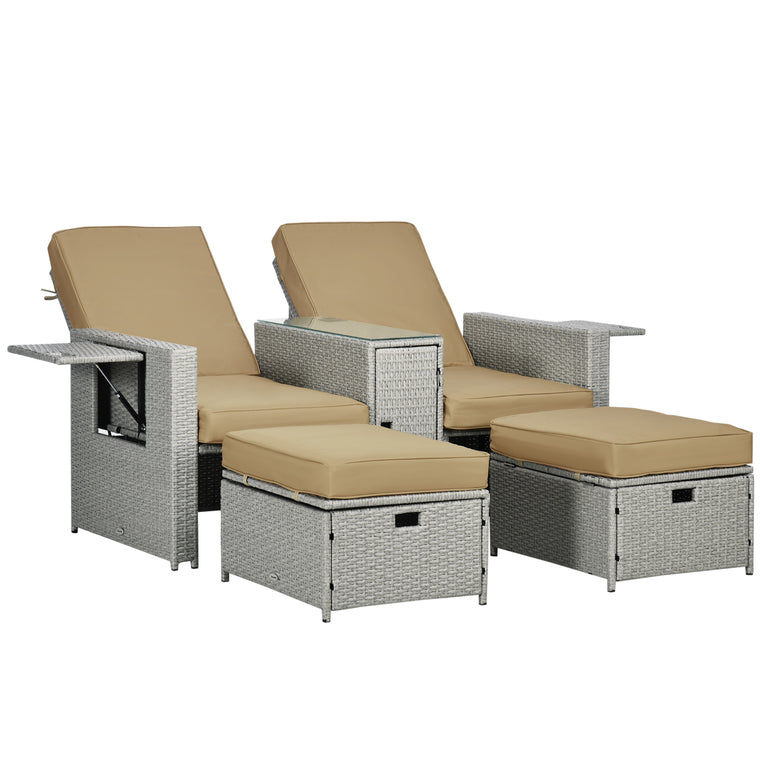 Khaki 5-Piece Wicker Recliner Sofa Bed with Footstools
