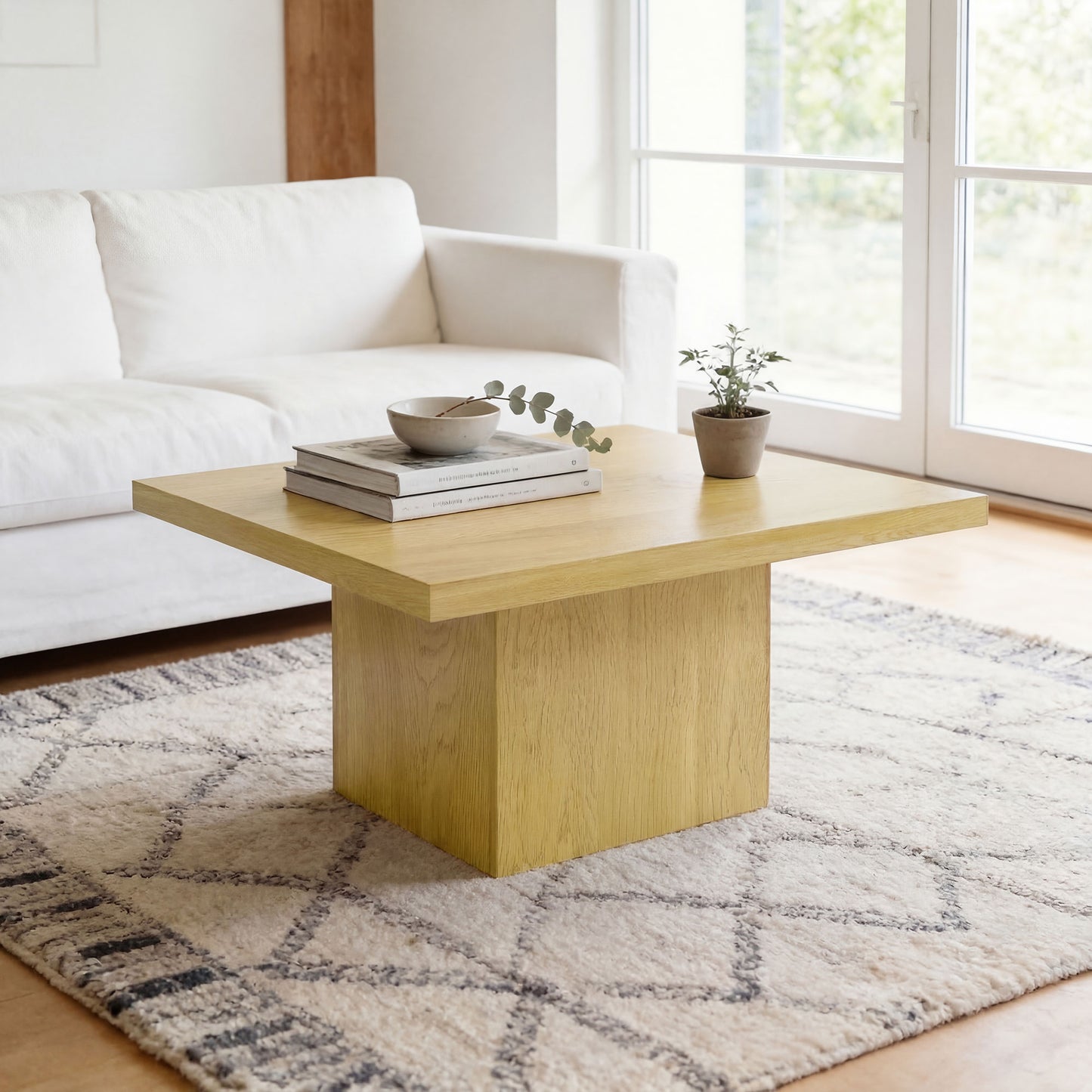 Square Coffee Table, Center Table with 1.6" Thick Tabletop, Natural Wood