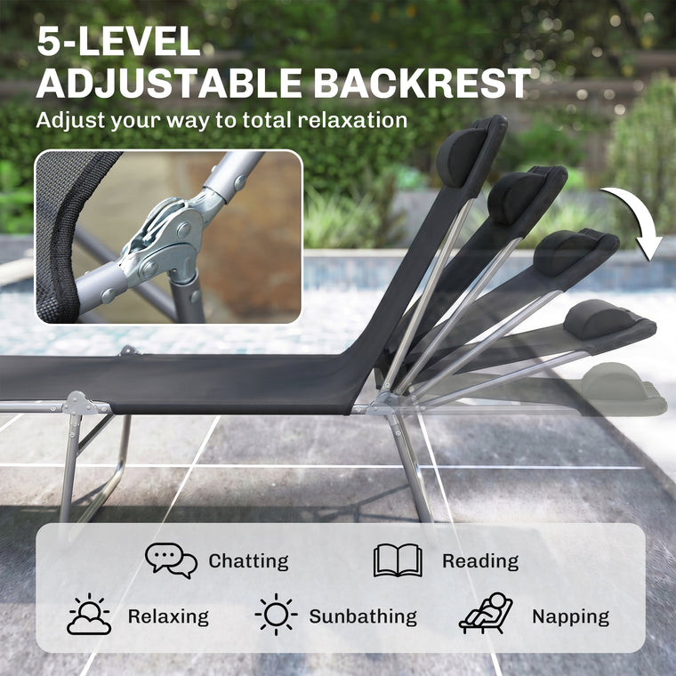 Portable Folding Chaise Lounge with Pillow - Black