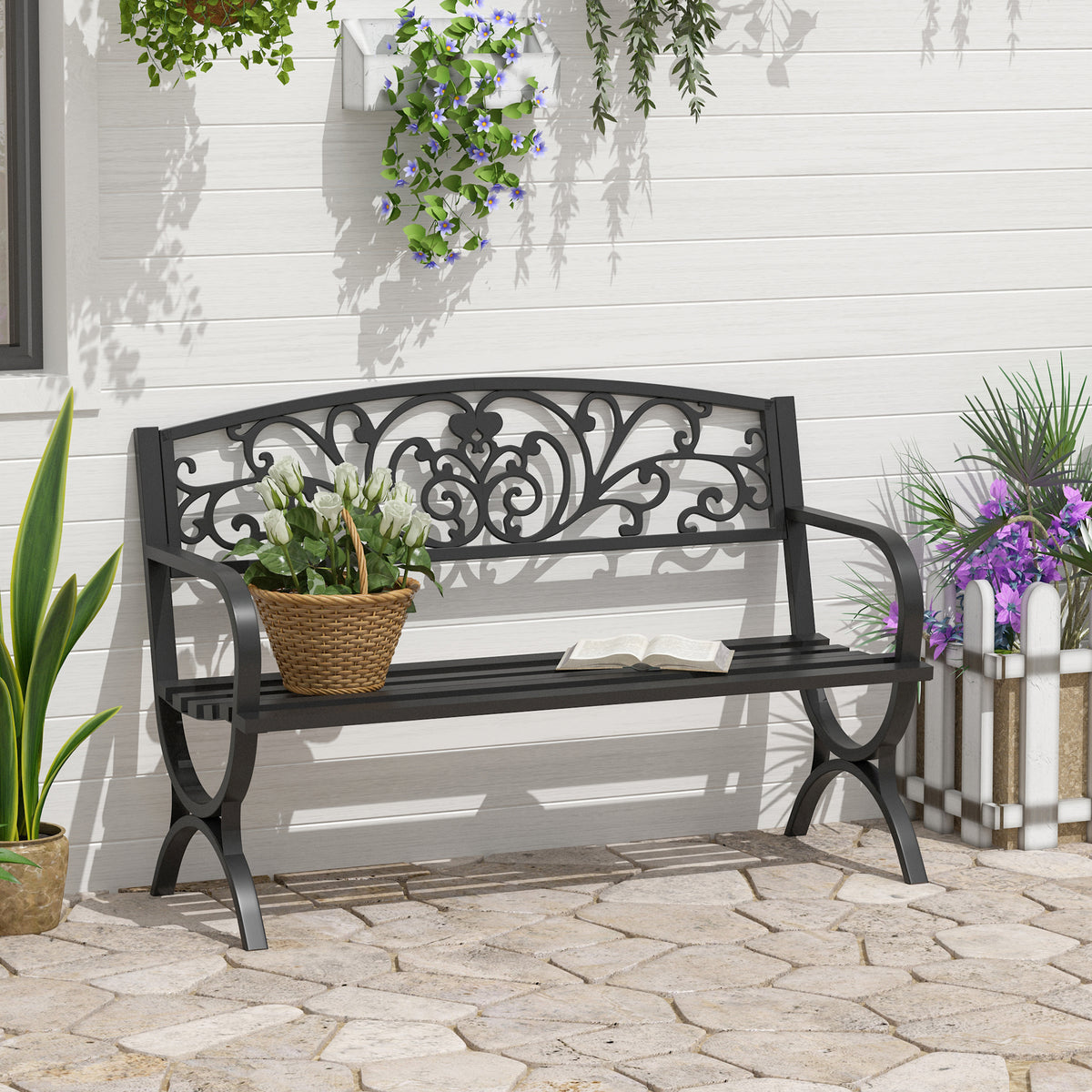 50" 2-Seater Garden Bench, Patio Porch Decorative Chair Cast Iron Loveseat Outdoor Furniture for Yard, Lawn, Porch, Black