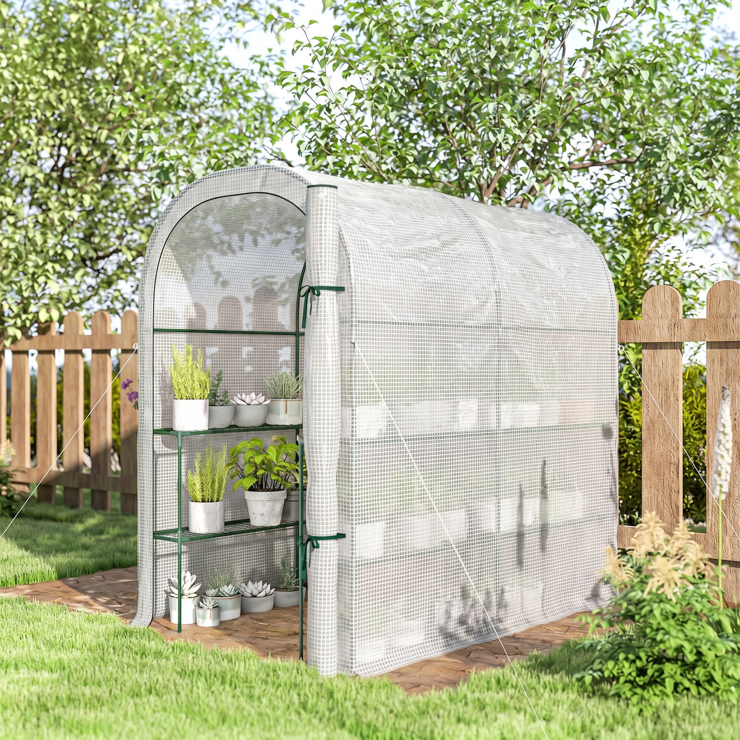 Walk-in Mini Greenhouse with Shelves, Portable Outdoor Greenhouse with Roll-up Door, 123 x 187 x 189 cm, White