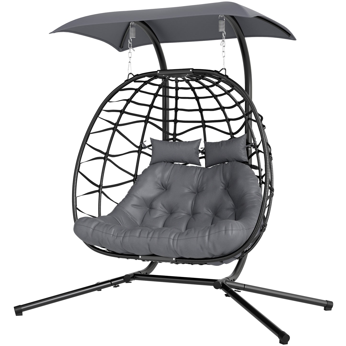 Double Wicker Egg Swing Chair with Canopy, Foldable Hanging Egg Chair with Stand Cushion Headrest, Black