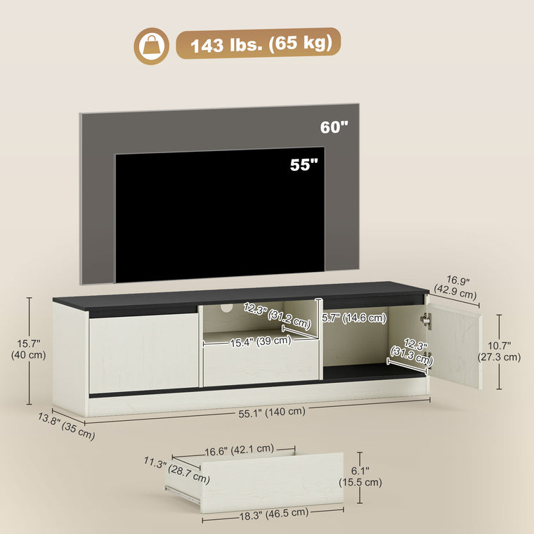 TV Stand with Cabinets and Cable Management - White