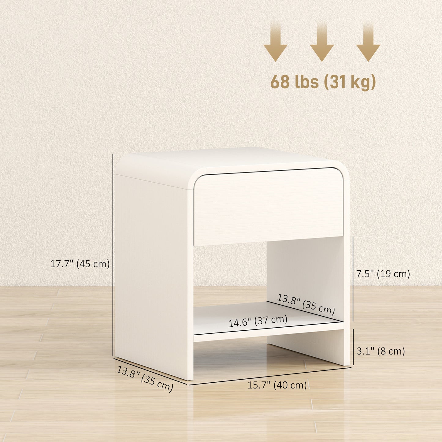 Nightstand Set of 2, Modern Bedside Table with Rounded Corners, Nightstand with Drawer and Open Shelf, Distressed White