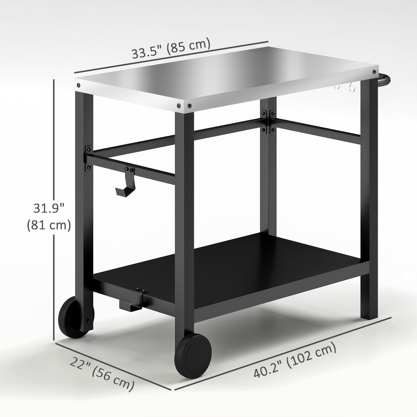 Outdoor Grill Dining Cart with Stainless Steel Tabletop, 2-Shelf BBQ Movable Pizza Oven Stand with Wheels, Charcoal Grey