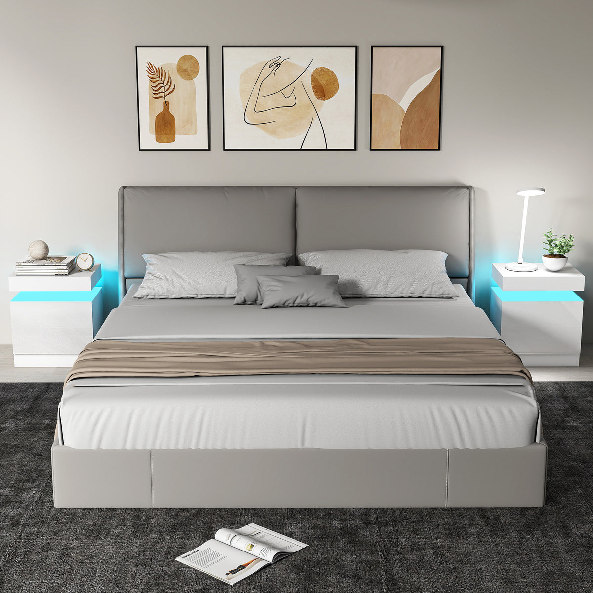Nightstand Set of 2, End Side Tables with LED Lights, Bedside Tables with 2 Drawers, for Bedroom, White