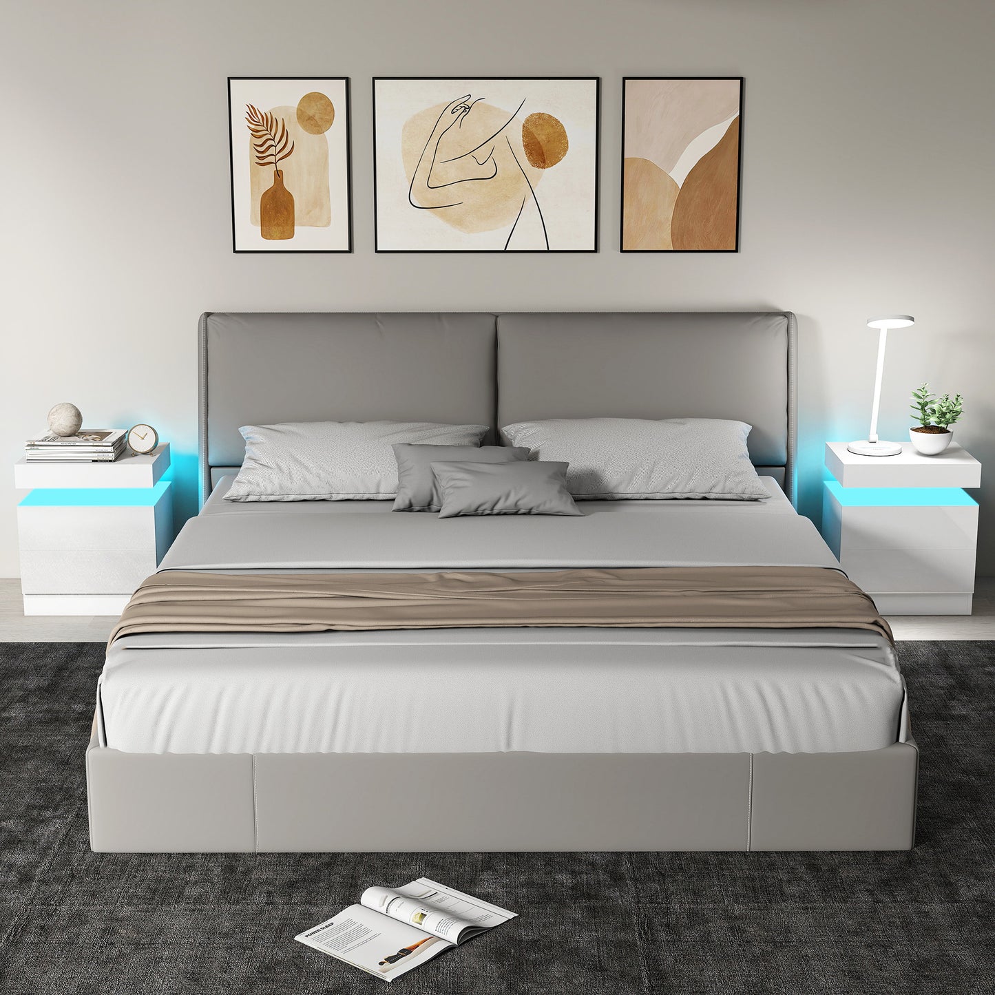 Nightstand Set of 2, End Side Tables with LED Lights, Bedside Tables with 2 Drawers, for Bedroom, White