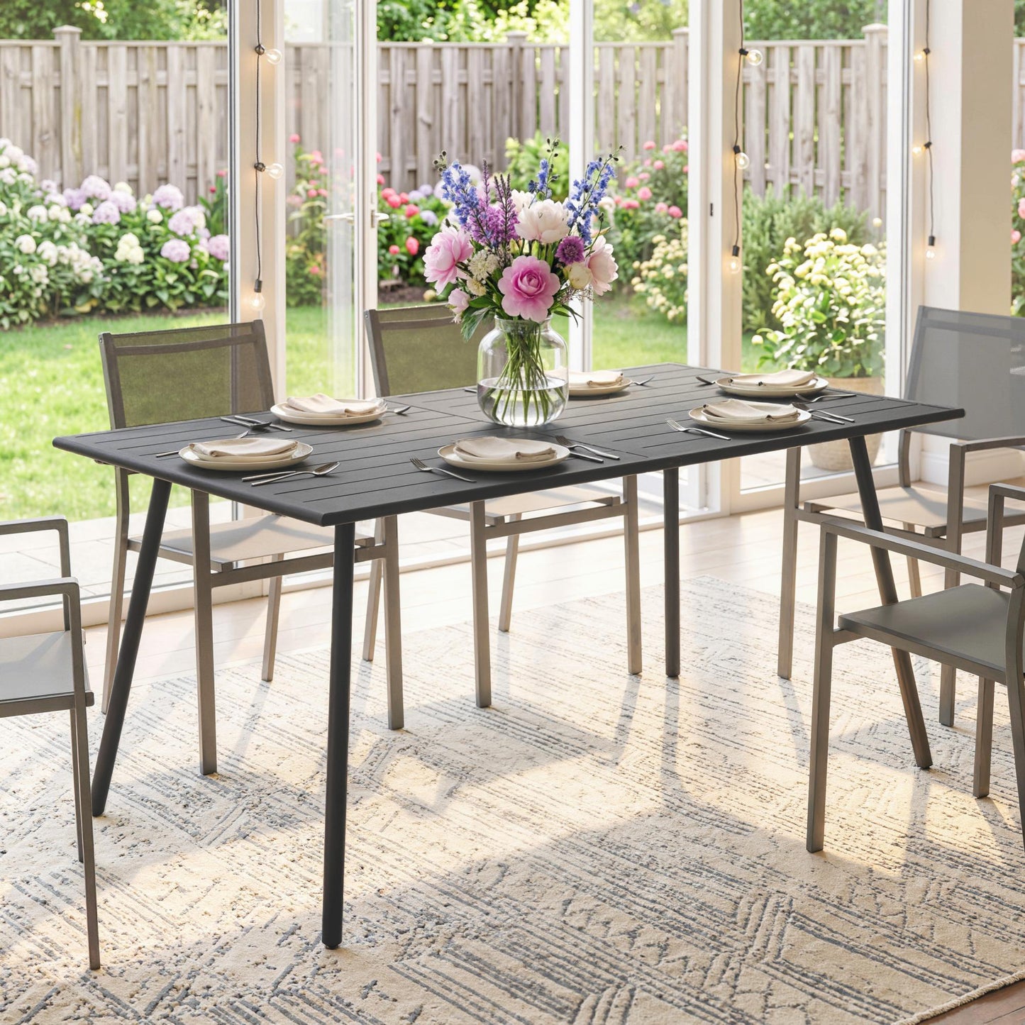 Rectangle Patio Dining Table for 6 Person, Metal Steel Slat Outdoor Table, for Lawn, Garden, 59" x 31.5" x 29", Grey