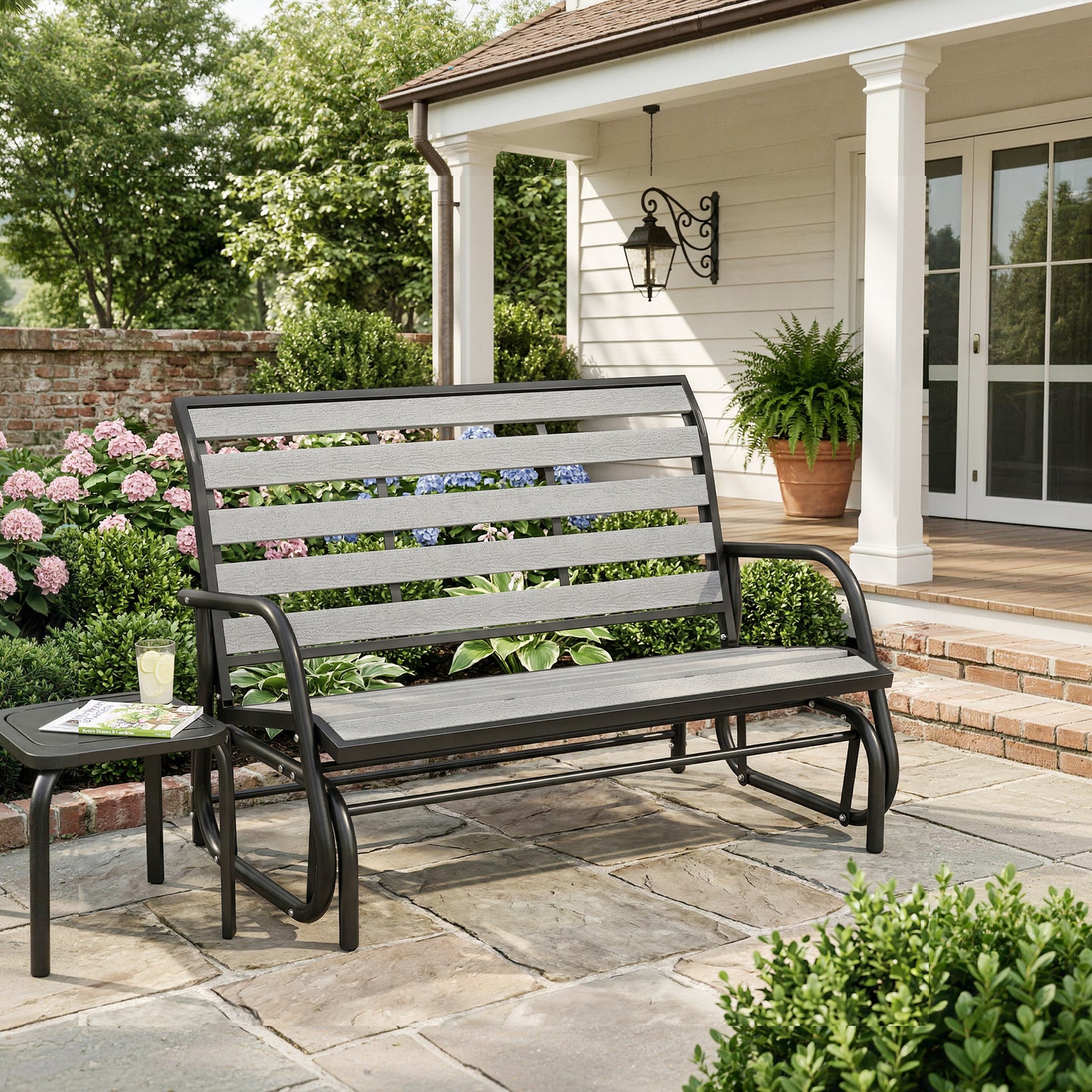 2 Person Outdoor Glider Bench, Patio Glider Loveseat with Faux Wood Slatted Seat and Back, Steel Frame, Grey