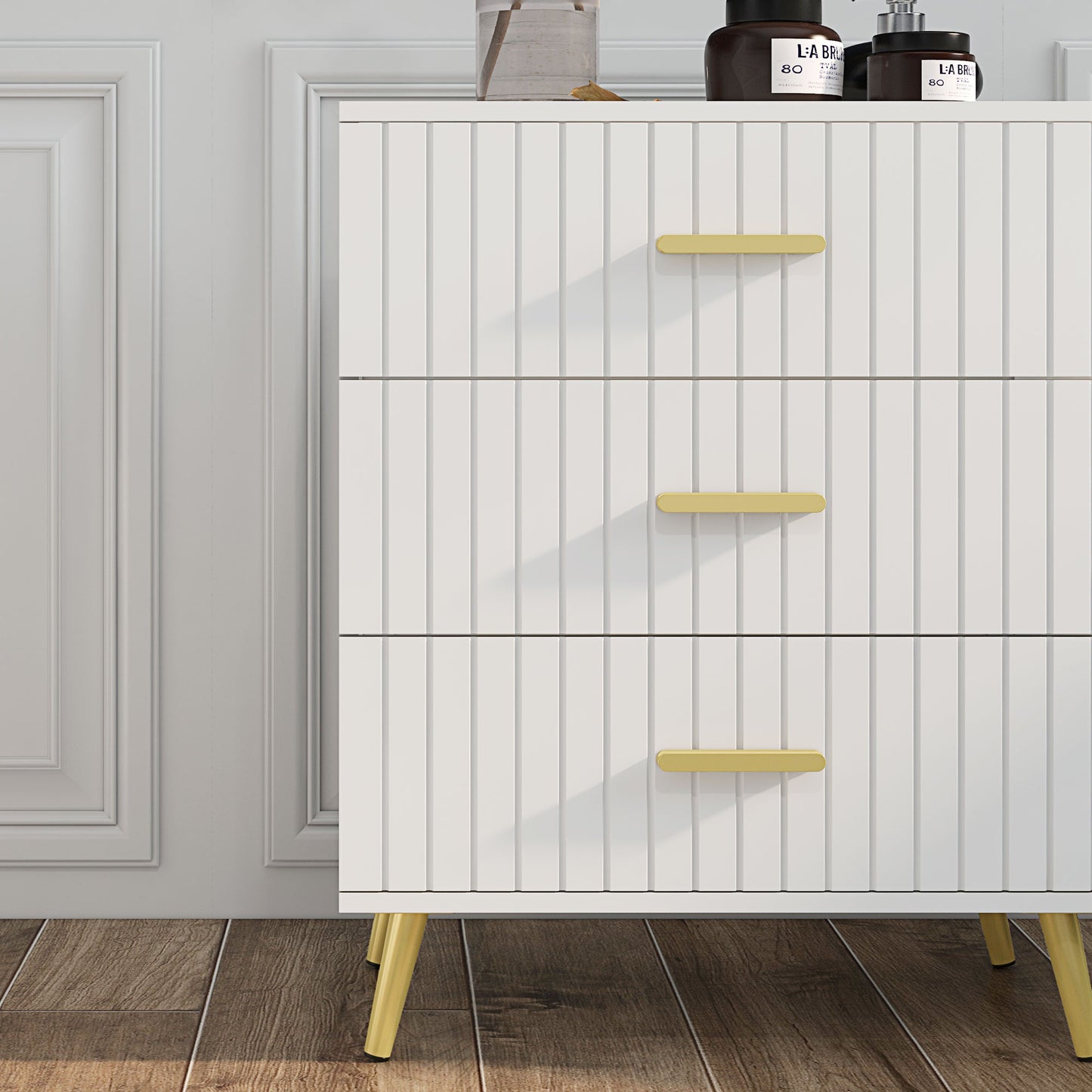 3 Drawer Cabinet, Drawer Chest for Bedroom, Chest of Drawers with Aluminium Legs and Gold Handles, White
