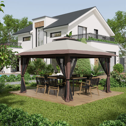 13' x 13' Beige Pop-Up Canopy with 2-Tier Roof & Netting