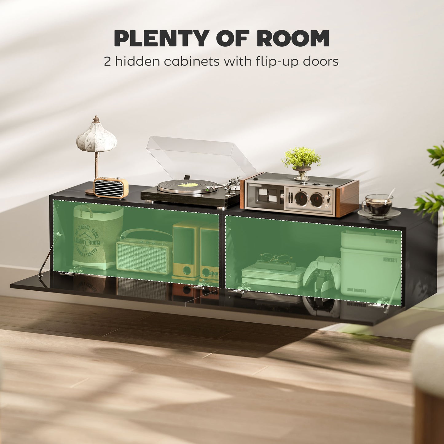 Floating TV Stand with Storage Cupboards for 45, 55, 65in TVs, Wall Mounted TV Console Entertainment Unit, Black