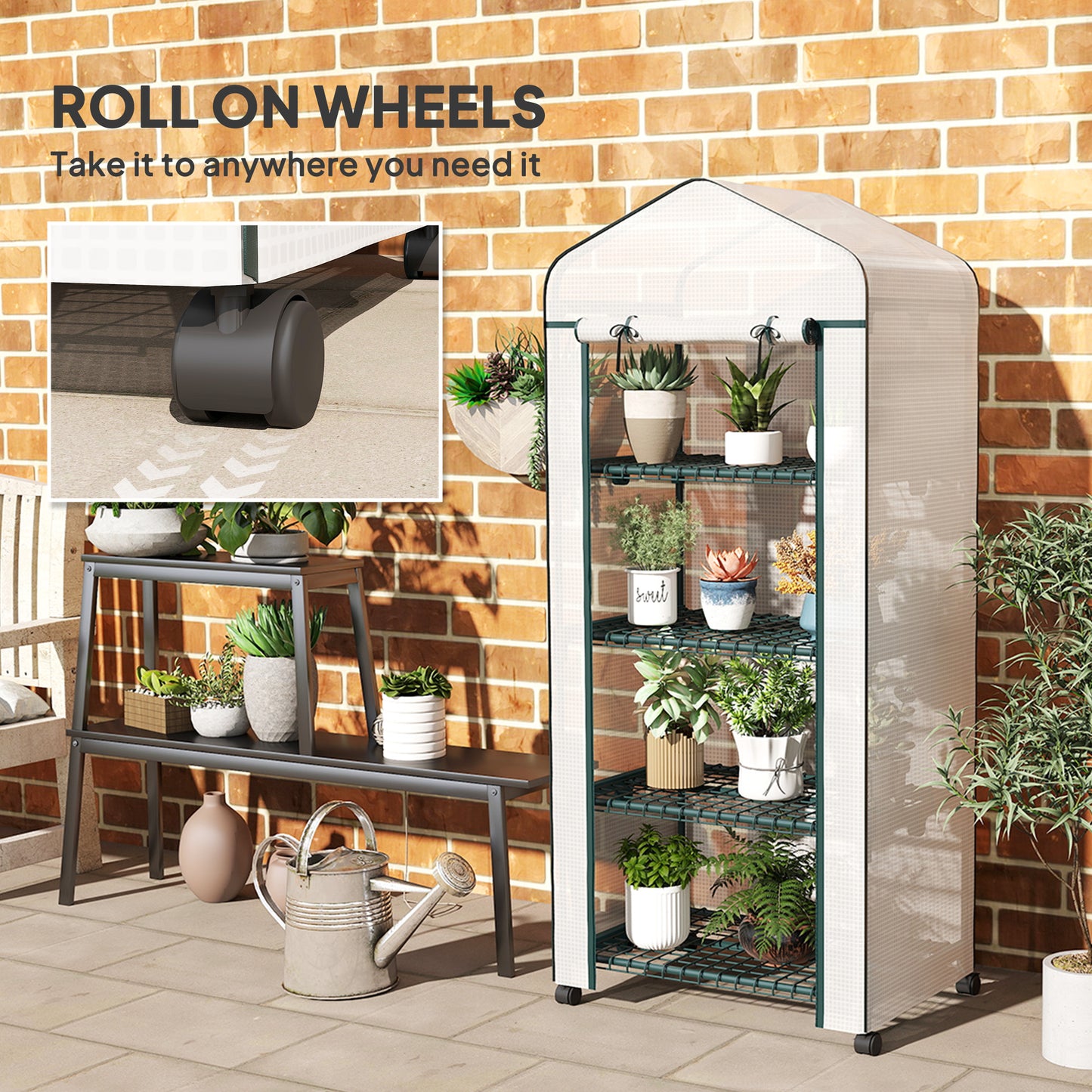 Portable Greenhouse, Outdoor Hot House Plant Flower Greenhouse with 4 Tier Shelves, PE Cover, White