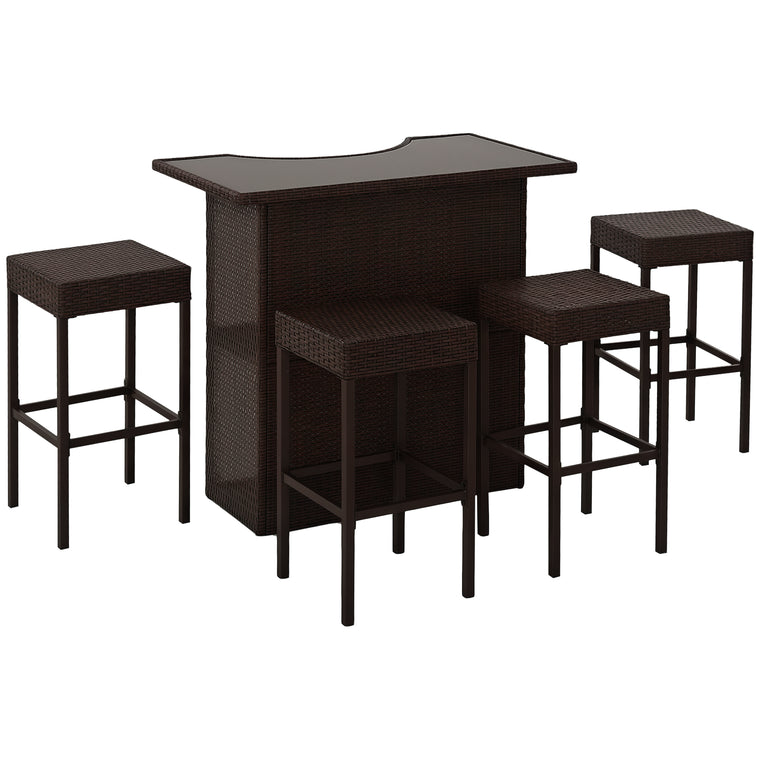 5-Piece PE Rattan Bar Set with Glass Top Table - Dark Brown