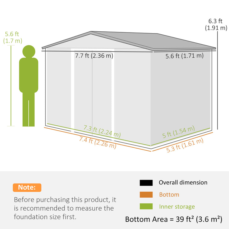 8' x 6' Metal Garden Shed with Lockable Sliding Doors and Vents