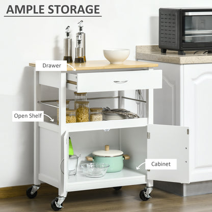 Kitchen Cart with Storage Drawer and Side Hooks - White