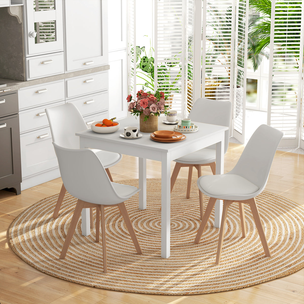 Modern Dining Table Chairs Set of 4, Rubber Wood Kitchen Table Chairs with PU Leather Cushion for Living Room, Bedroom