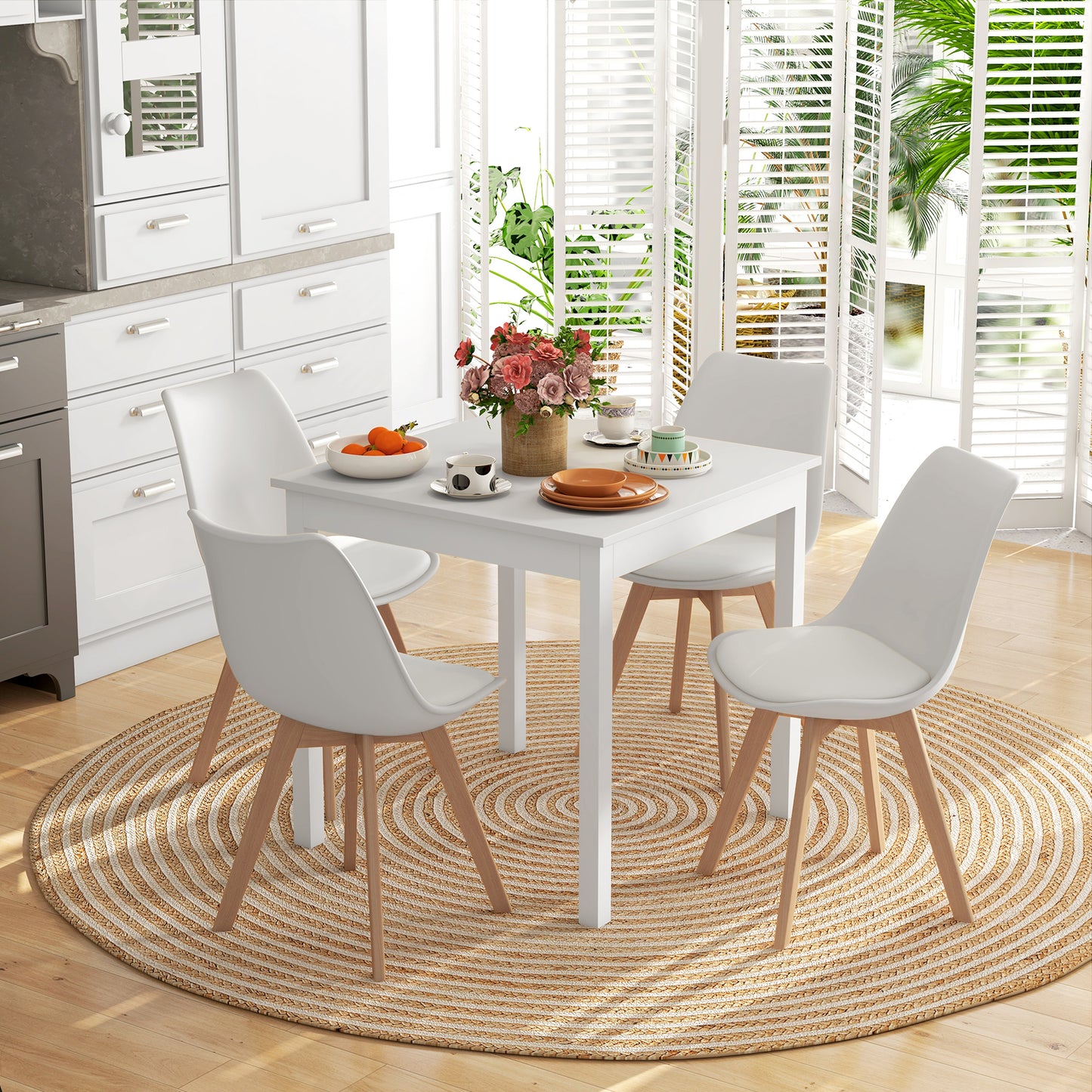 Modern Dining Table Chairs Set of 4, Rubber Wood Kitchen Table Chairs with PU Leather Cushion for Living Room, Bedroom
