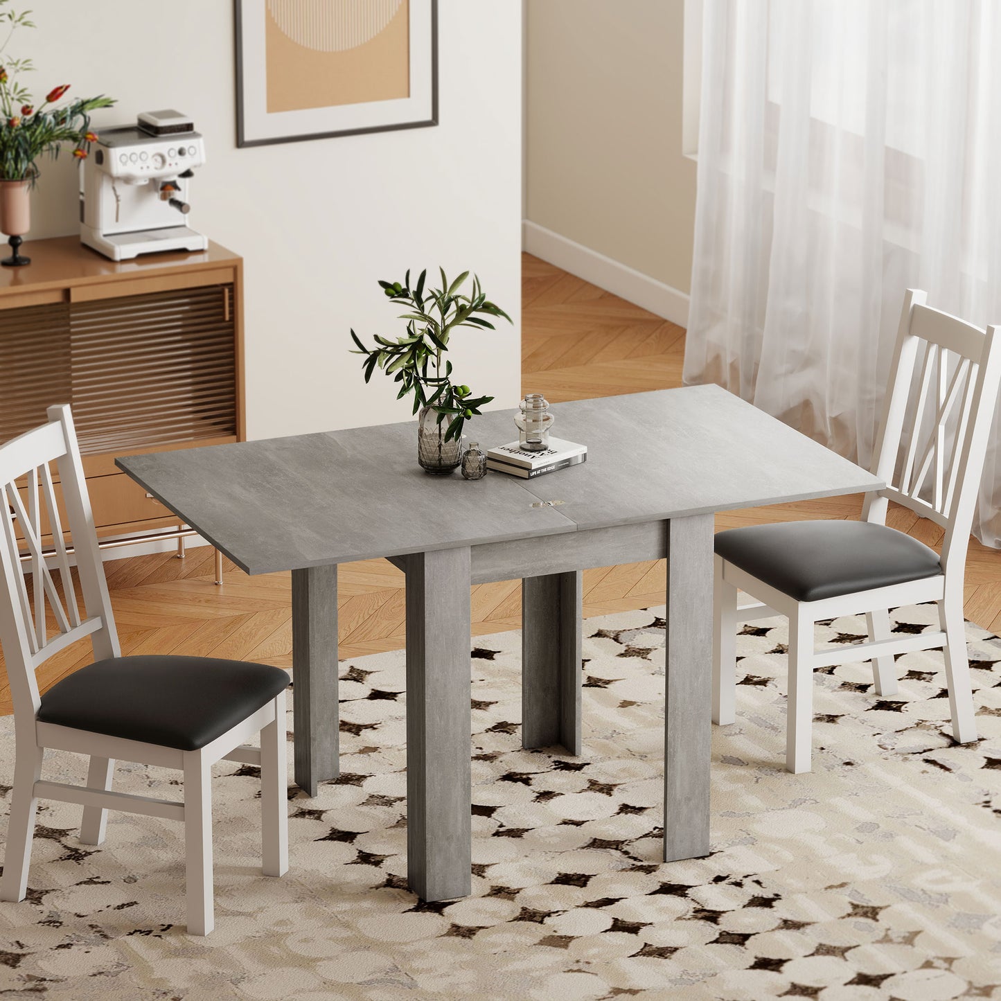 55" Extendable Dining Table for 4-6, Kitchen Table with Steel Slides and Felt Pads for Small Spaces, Grey