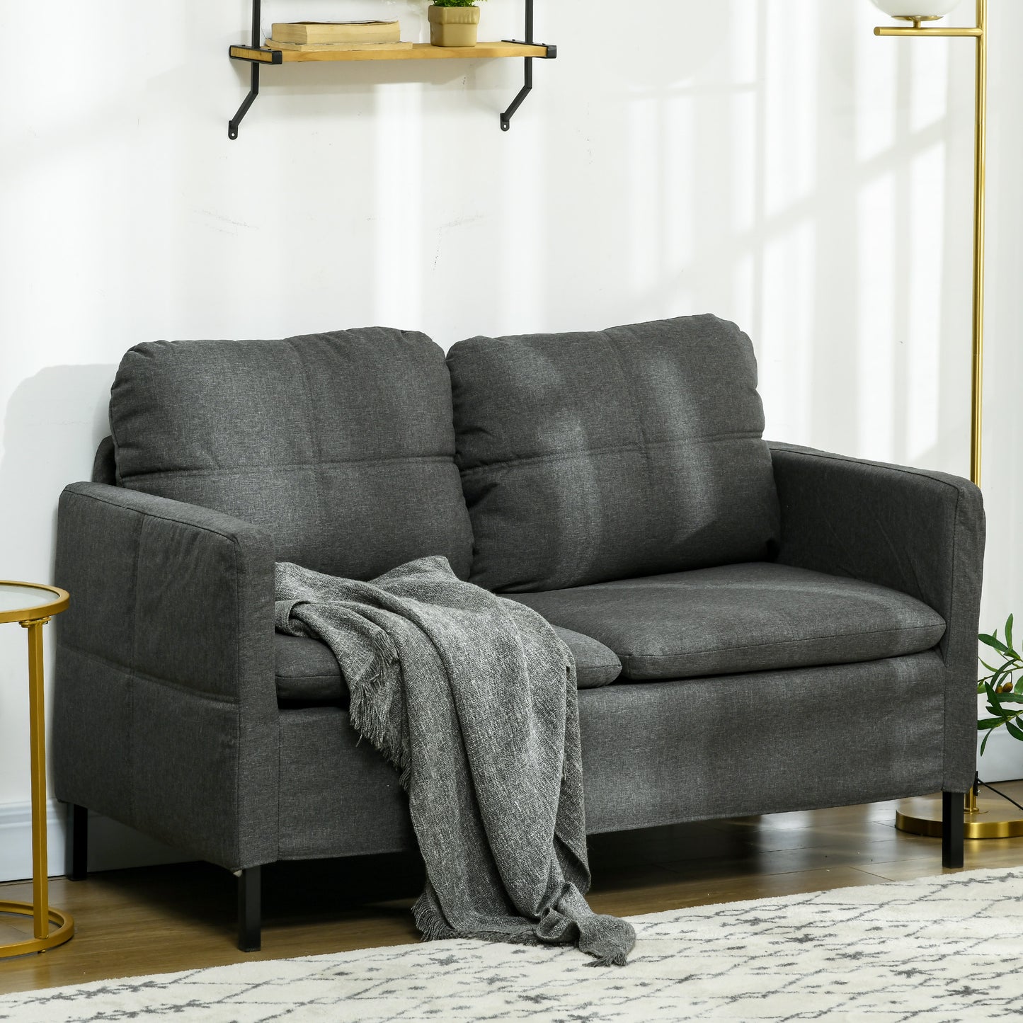 53" 2 Seat Sofa, Upholstered Two Seater Couch with Sturdy Steel Legs for Bedroom, Living Room, Dark Grey