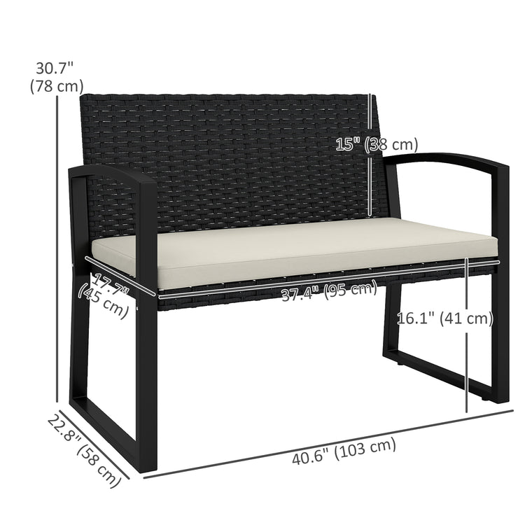 2-Seater Rattan Garden Bench with Cushion & Armrests