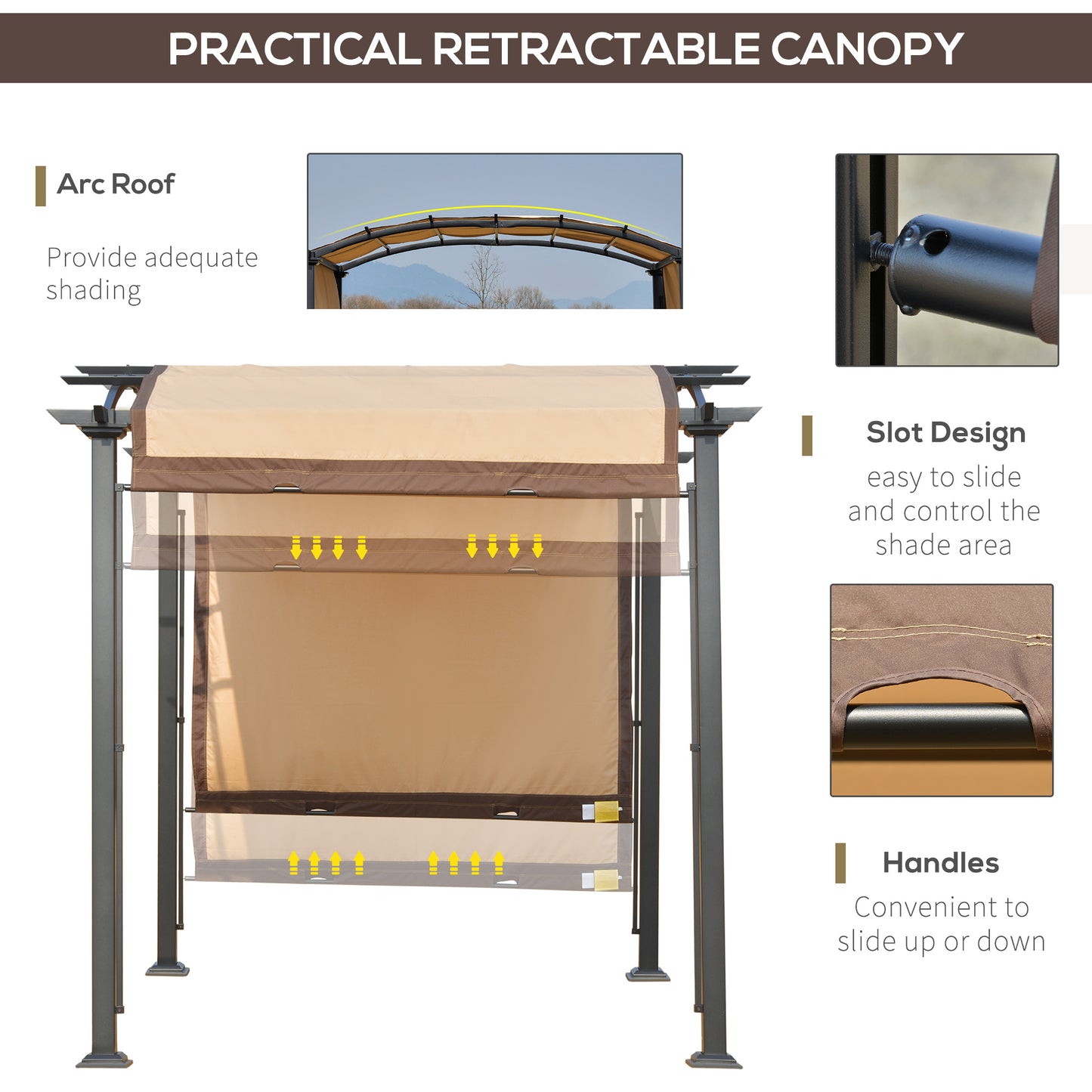 10' x 8' Outdoor Retractable Canopy Pergola Steel Frame Patio Pergola Shelter Sun Shade with Arc Roof, Beige