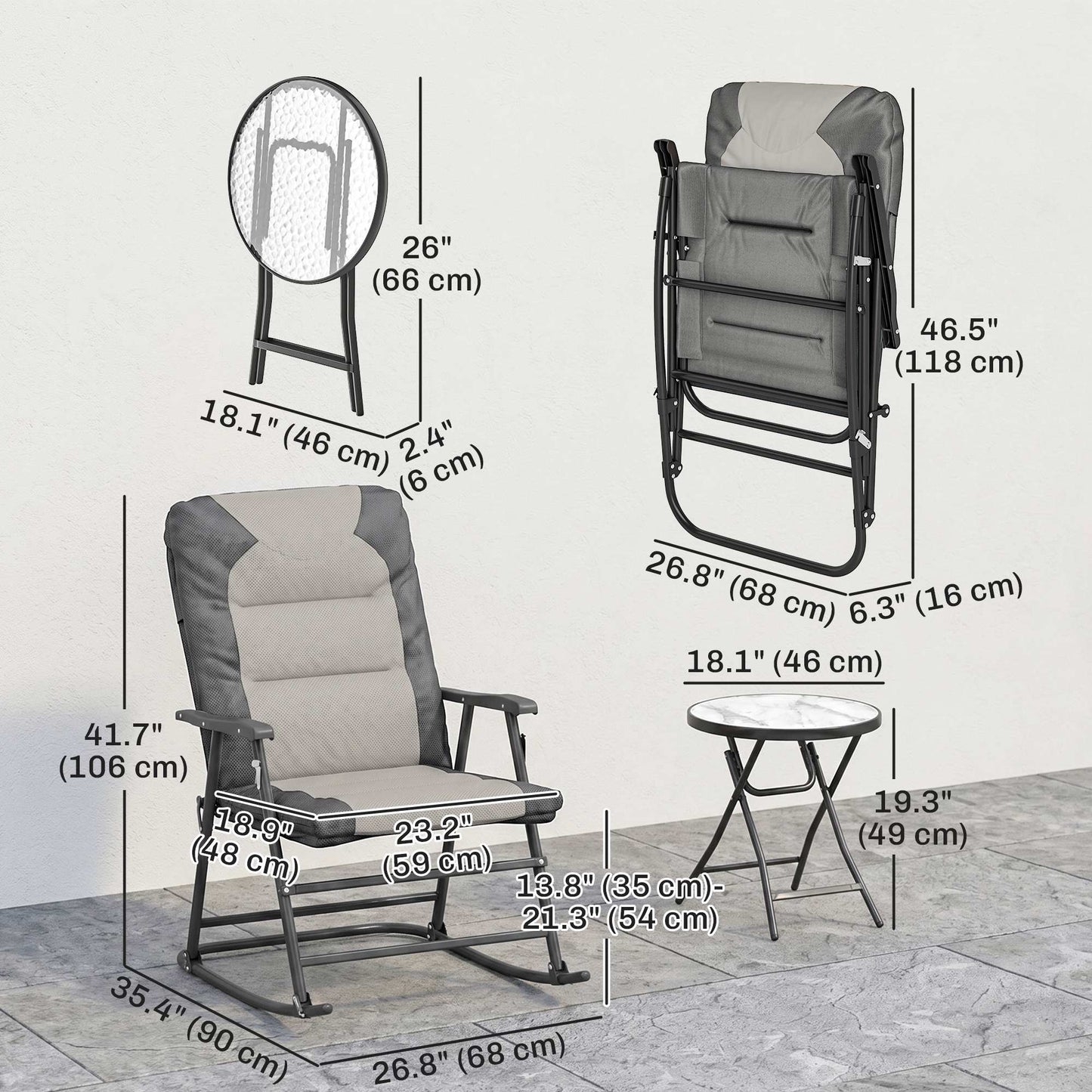 3-Piece Outdoor Foldable Rocking Chair Set, Orange
