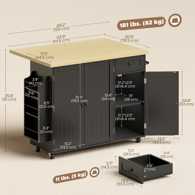 Rolling Kitchen Island Cart with Drop Leaf