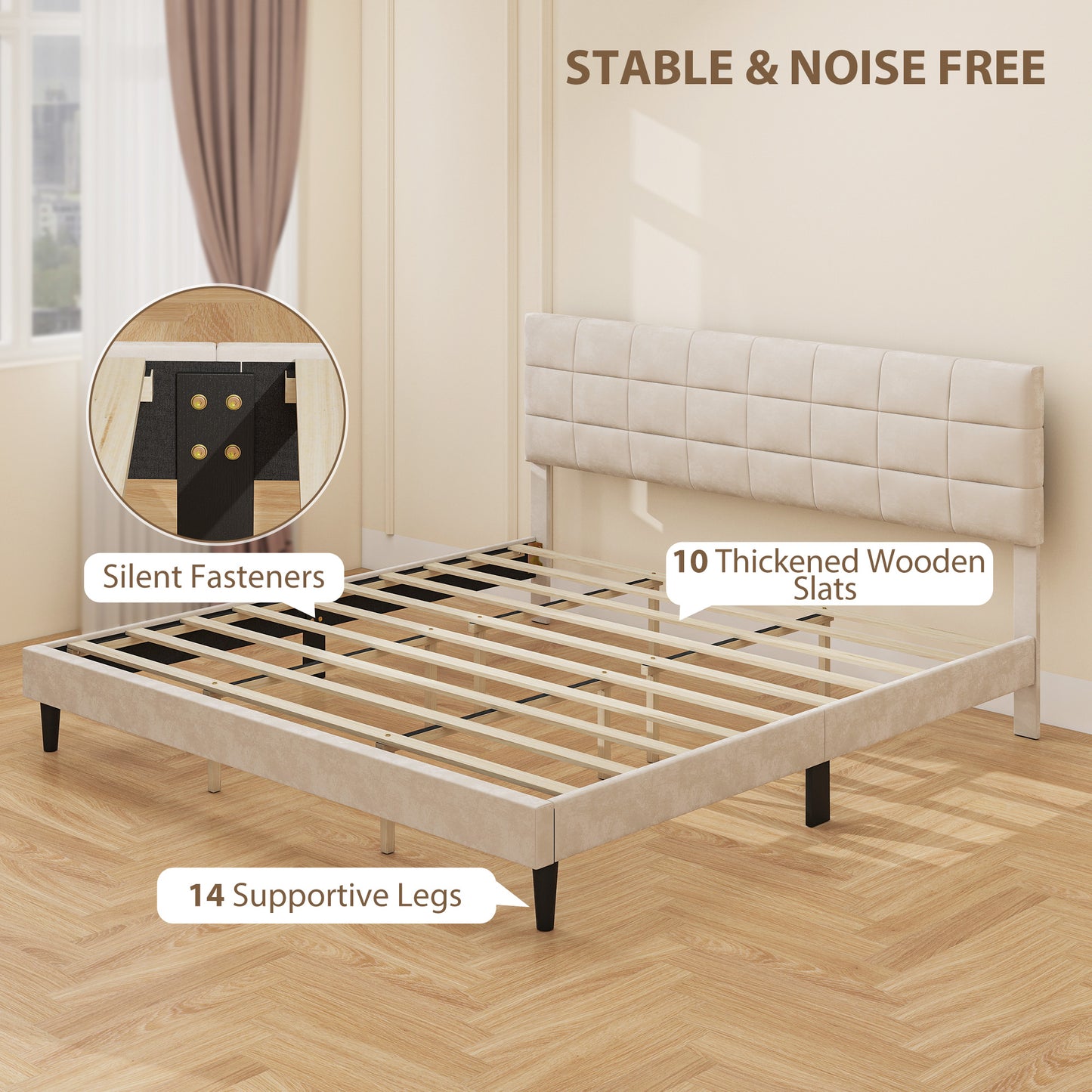 King Size Bed Frame with Upholstered Headboard, Modern Platform Bed Frame with Wood Slats, 1100 lbs Capacity, Cream