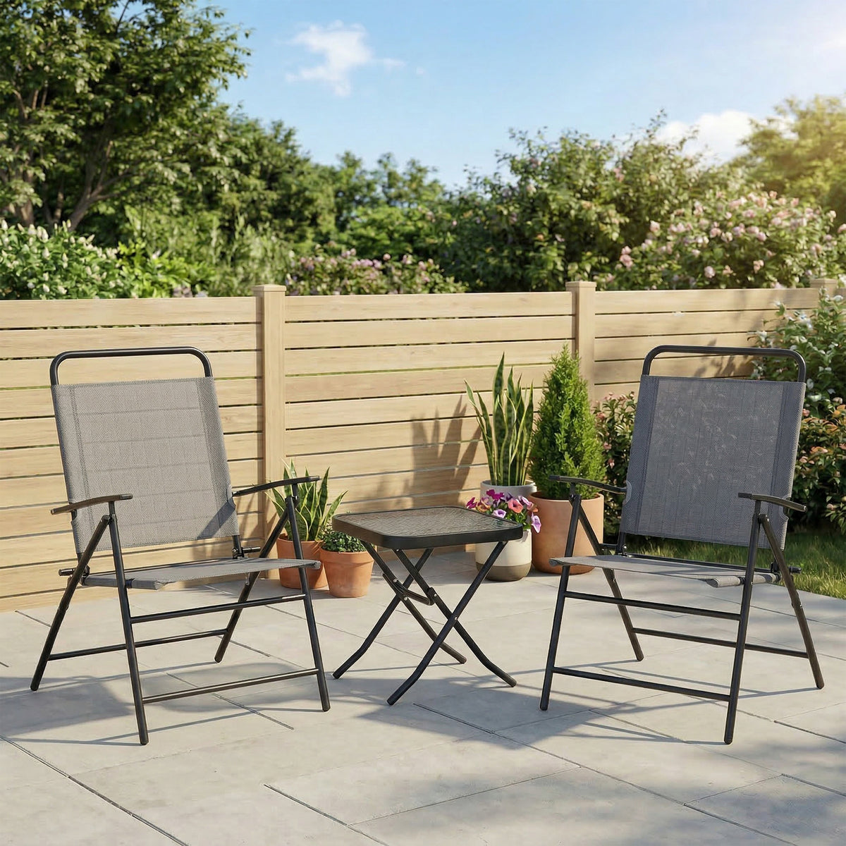 Folding Bistro Set, Small Patio Set with Back Adjustable Chairs and Glass Top Table for Garden, Balcony, Porch, Grey
