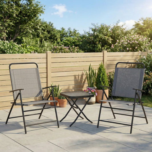 Folding Bistro Set, Small Patio Set with Back Adjustable Chairs and Glass Top Table for Garden, Balcony, Porch, Grey