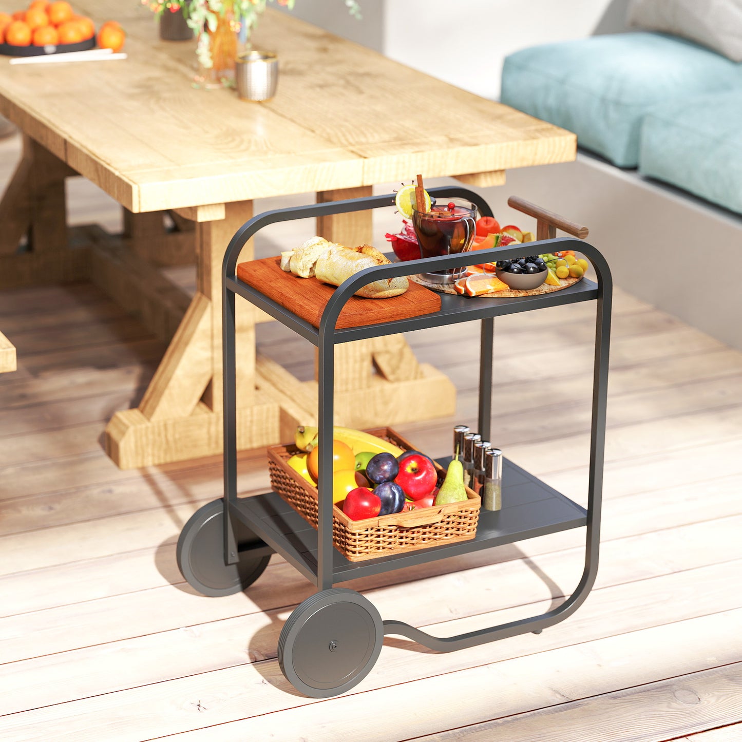 Outdoor Grill Cart with Storage, 2-Tier Bar Cart on Wheels with Side Handle, Steel Frame for Indoor Outdoor, Black