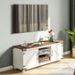 Farmhouse TV Stand Small Minimalist Barn Doors Cable Management for 65" TV Small Space Apartment Distressed White