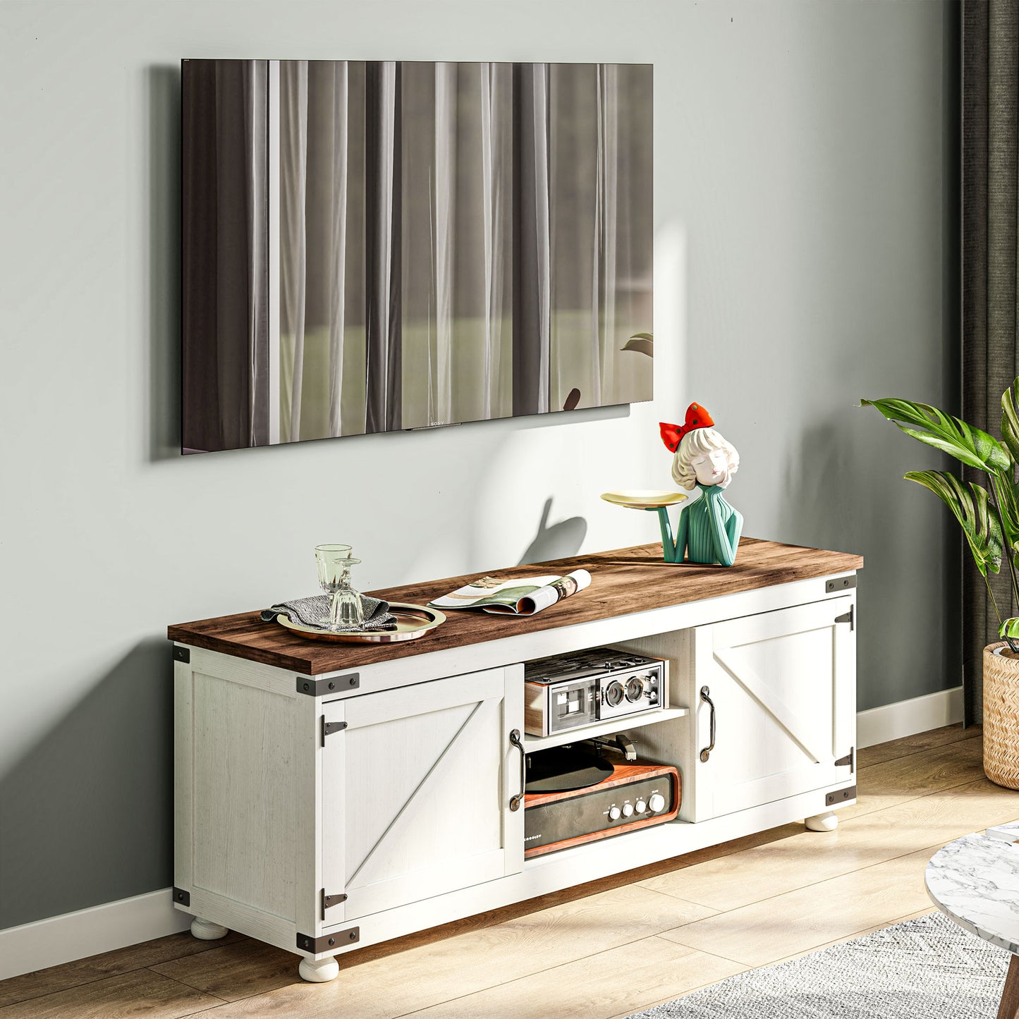 Farmhouse TV Stand Small Minimalist Barn Doors Cable Management for 65" TV Small Space Apartment Distressed White