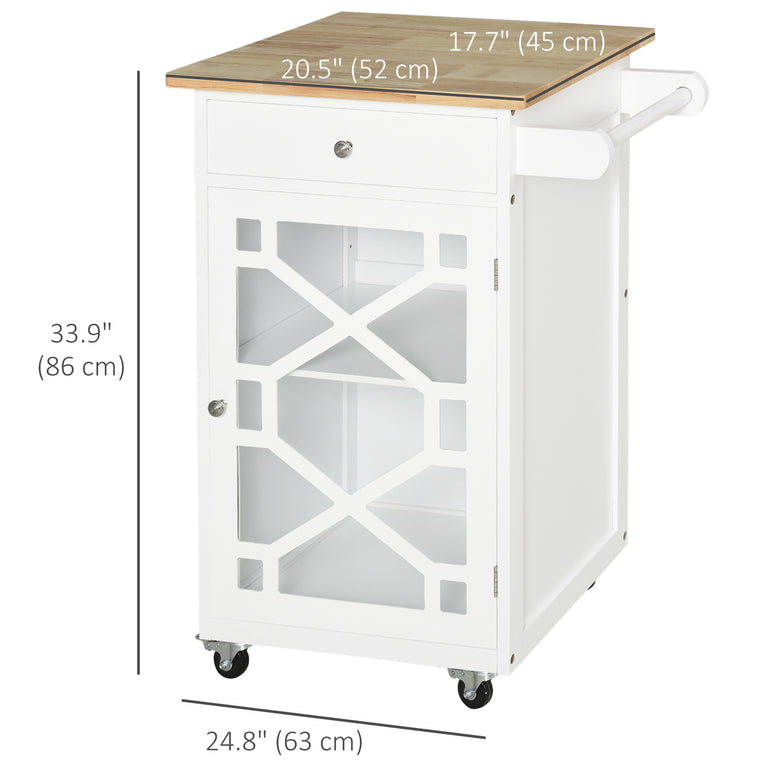 Rolling Kitchen Cart with Drawer and Glass Door - White