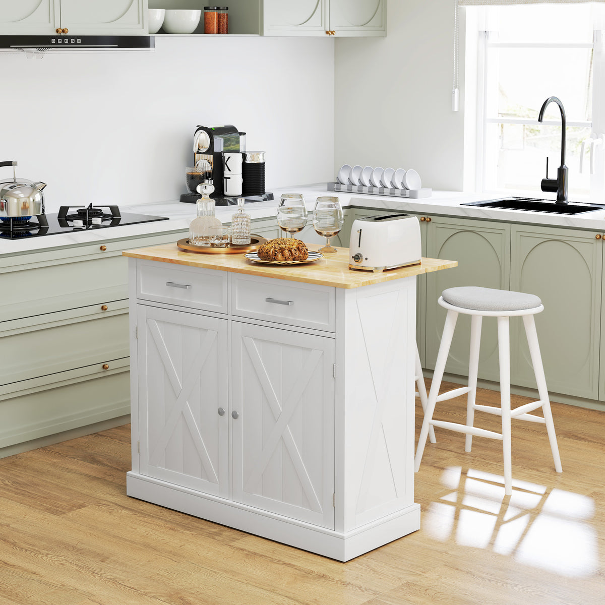 Rolling Kitchen Island with Drop Leaf Wood Breakfast Bar, Farmhouse Kitchen Cart with 2 Drawers, Adjustable Shelves for Dining Room, White