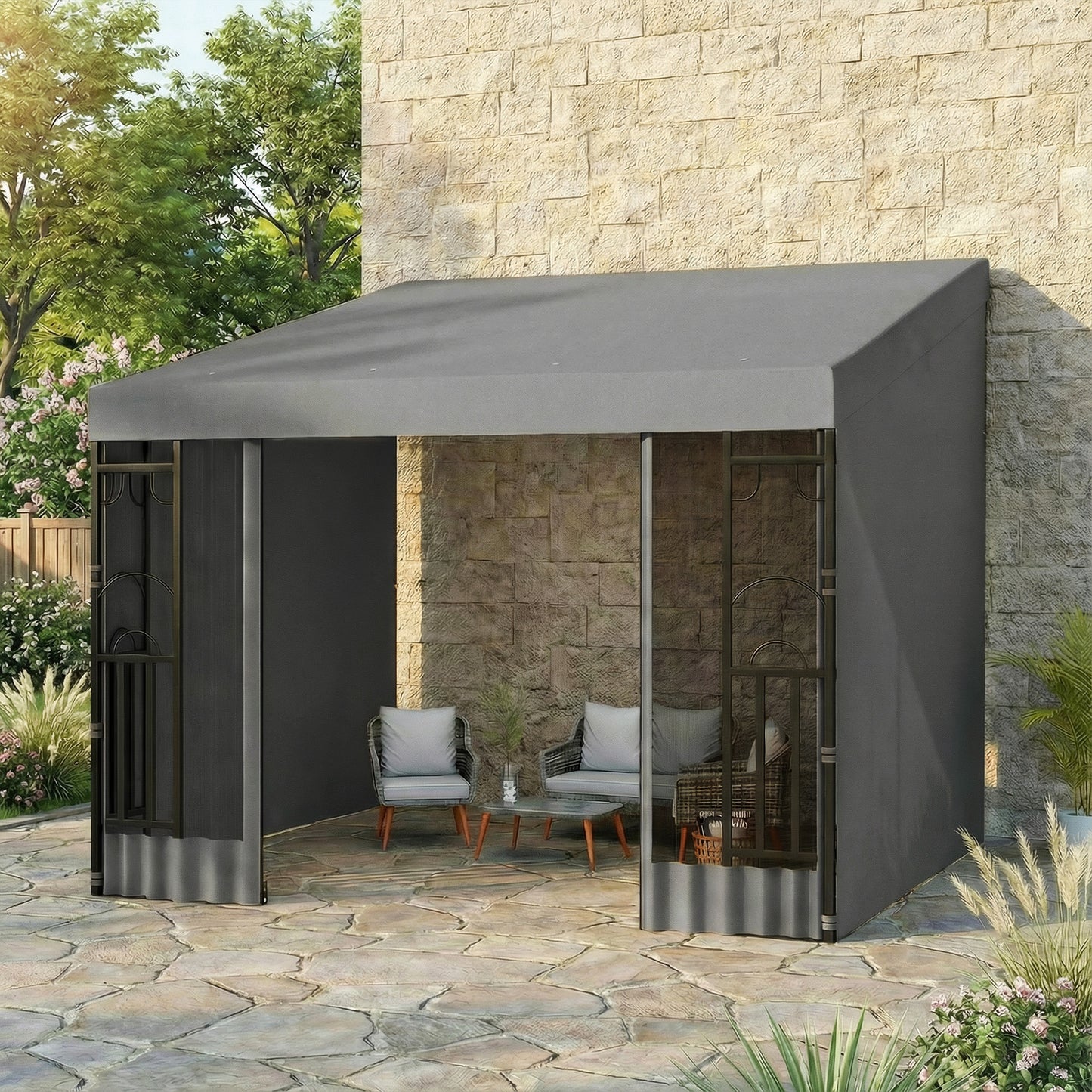 10' x 10' Wall Pergola, Outdoor Gazebo with 2 Curtains and 2 Nettings, UV Resistant, for Patio, Deck, Dark Grey