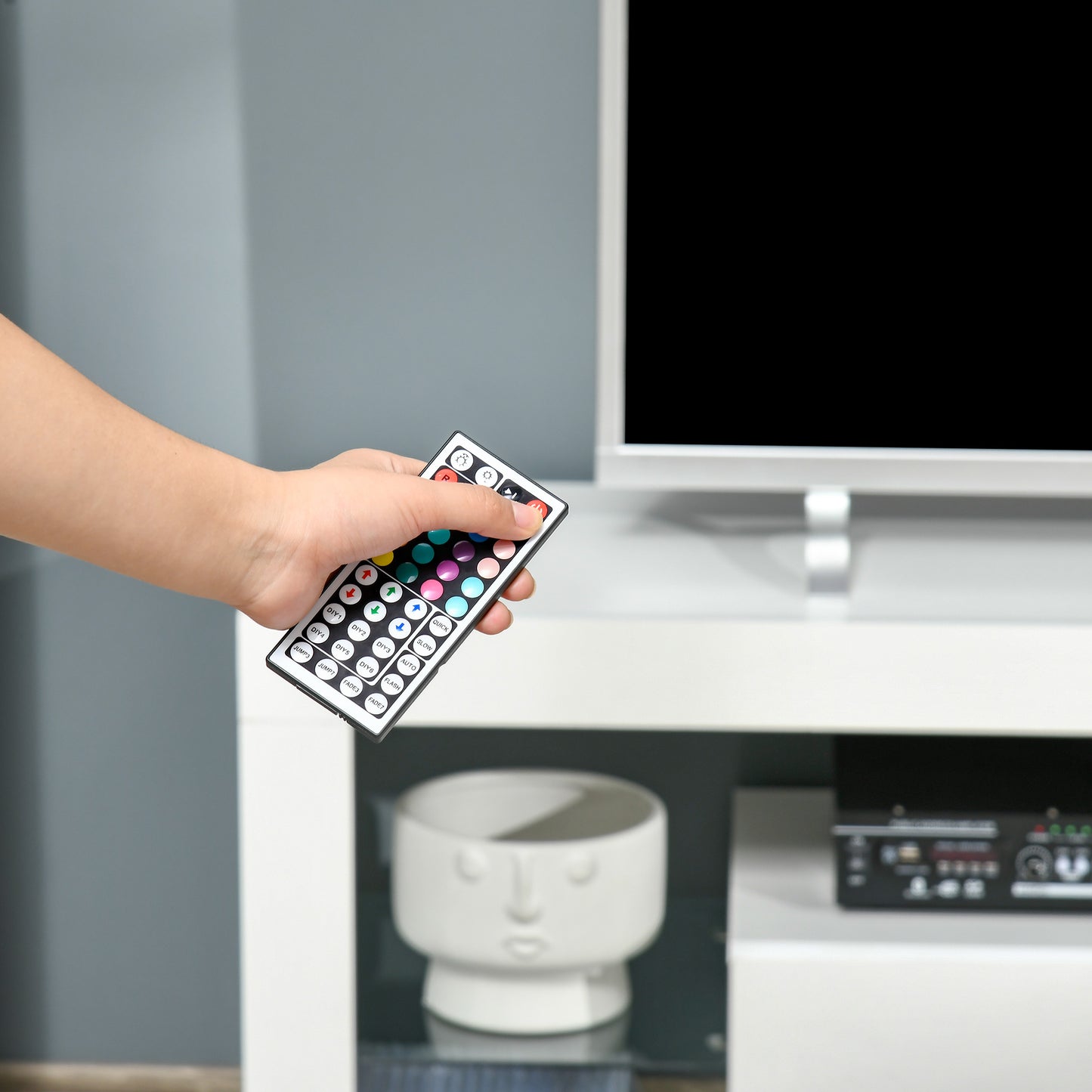 TV Stand for 55-Inch TVs, High Gloss TV Bench with LED Lights, Remote Control, Storage Drawer and Shelves, Entertainment Unit for Living Room, Bedroom, White