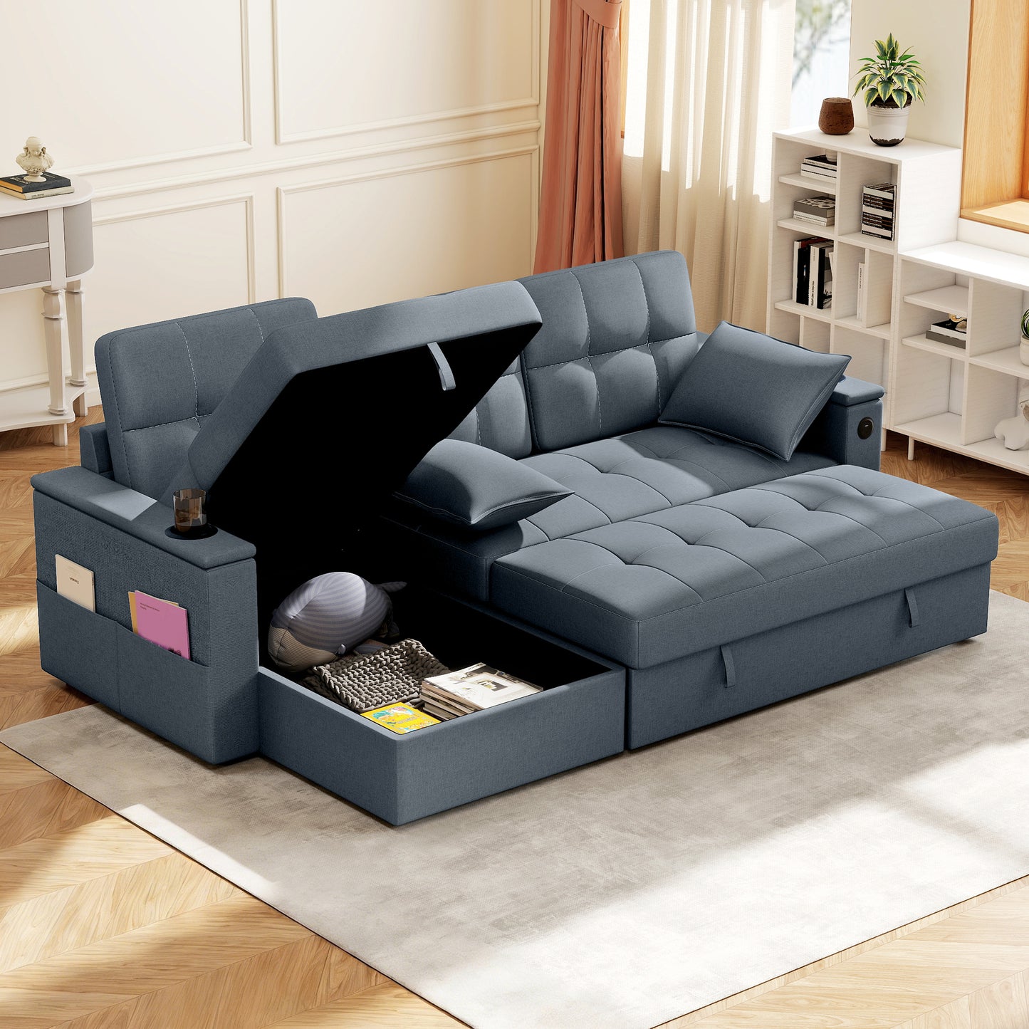 Convertible Sectional Sofa Bed, Pull Out Sleeper Sofa Couch with USB-A+C, Chaise Storage, L-Shaped Futon Couch, Dark Grey