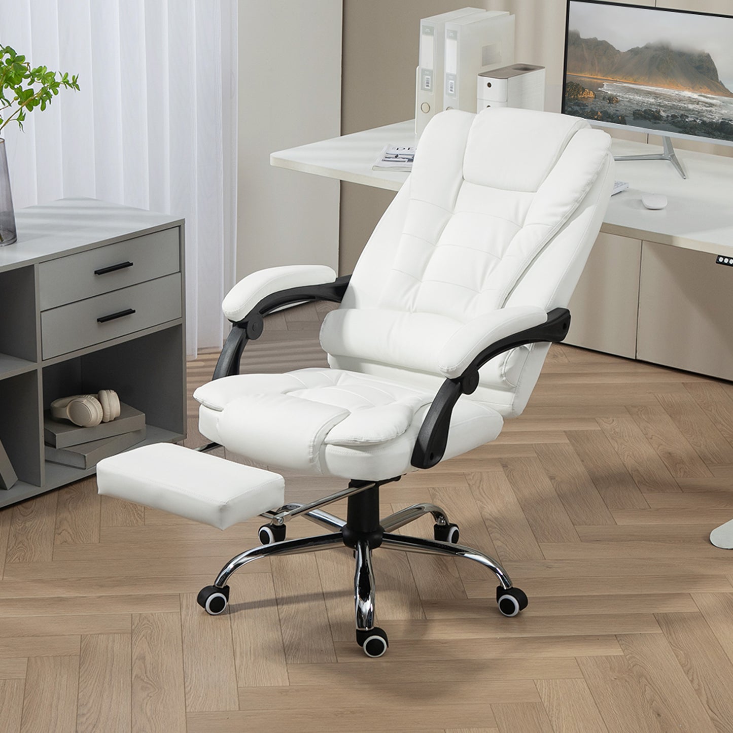 High Back Office Chair PU Leather Executive Office Chair with Retractable Footrest Padded Armrest White