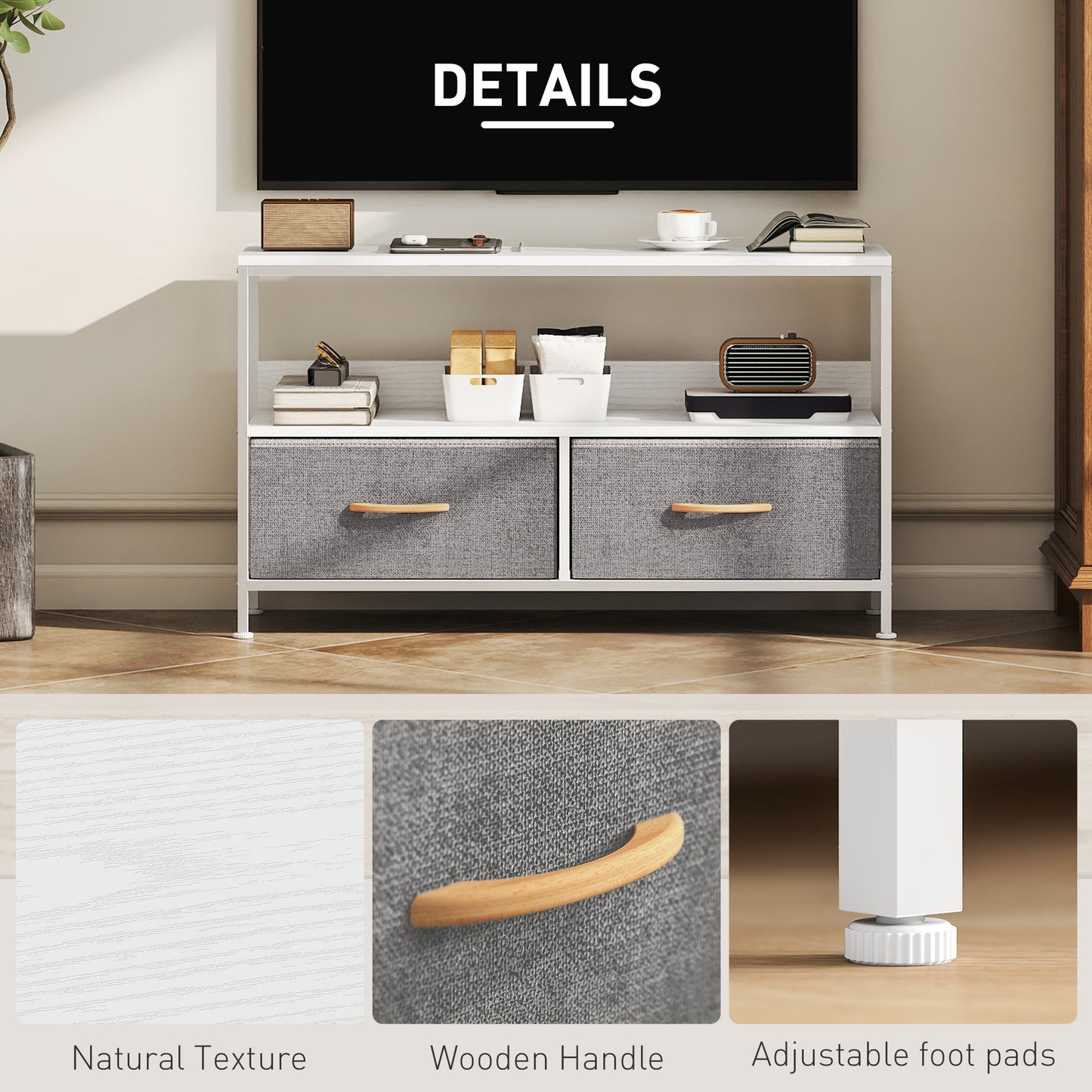 TV Stand with Charging Station, TV Table with 2 Foldable Linen Drawers and Open Shelf for 47 Inch Television, White
