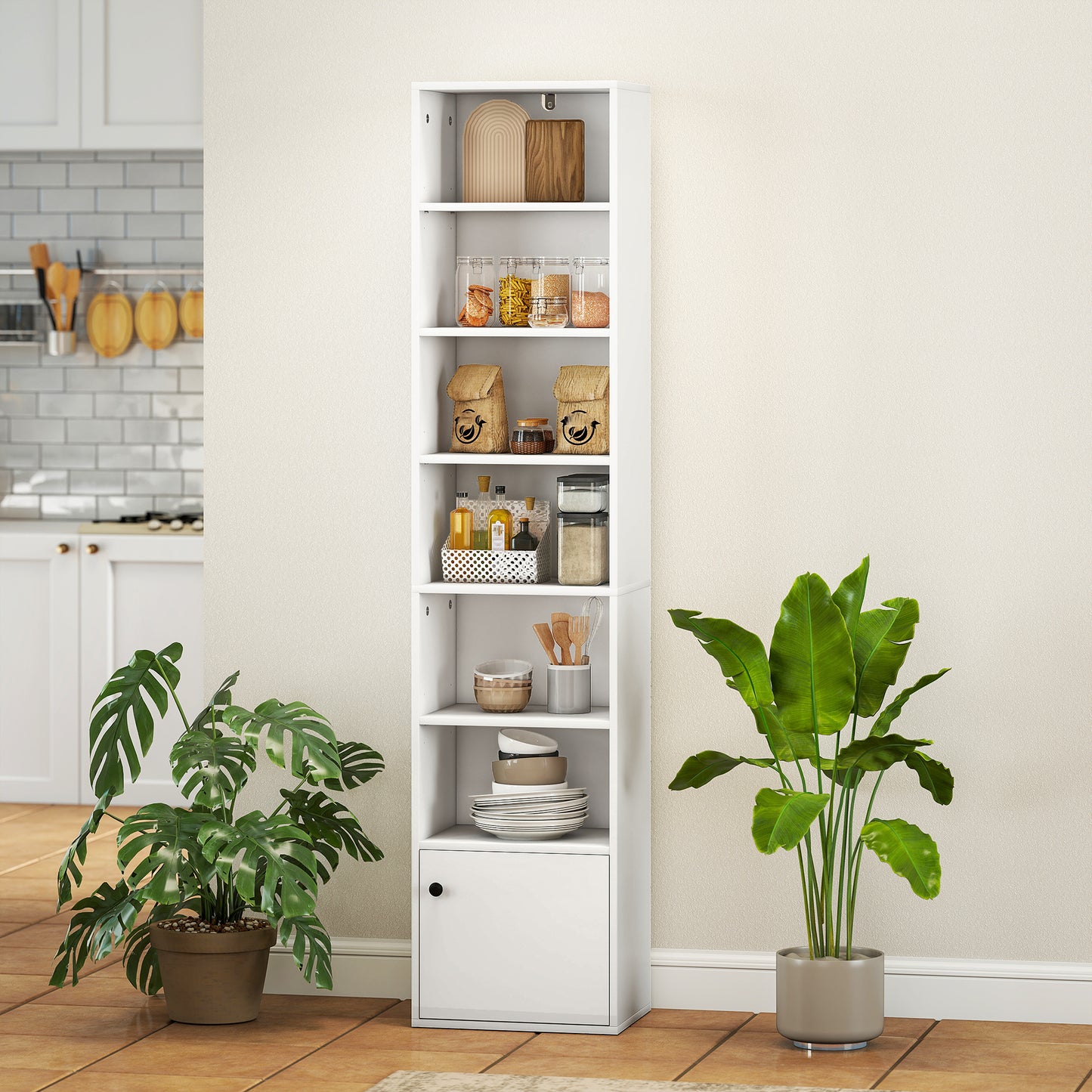 7-Tier Bookcase, Display Shelf Unit with Adjustable Shelf and Cabinet, White
