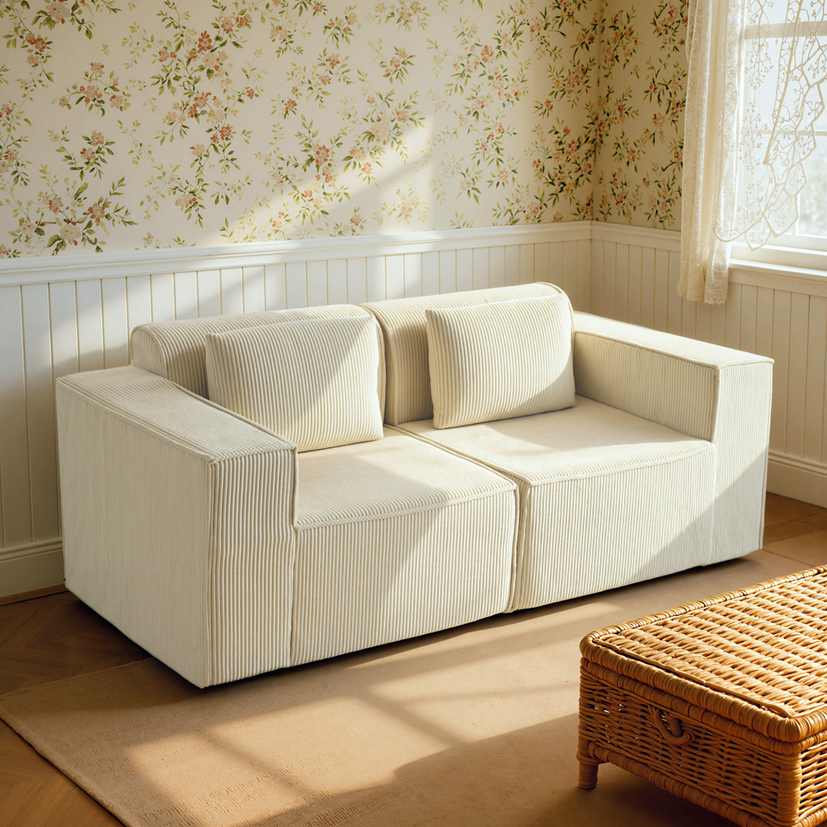 Boneless Couch, Corduroy 3 Seater Sofa with Deep Seat, Wide Armrests, 2 Pillows, Quick Assembly for Living Room, Beige