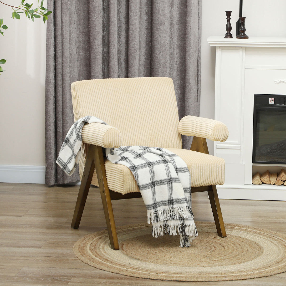 Corduroy Accent Chair Armchair with Wide Seat and Soft Padded Armrests for Reading, Bedroom, Beige