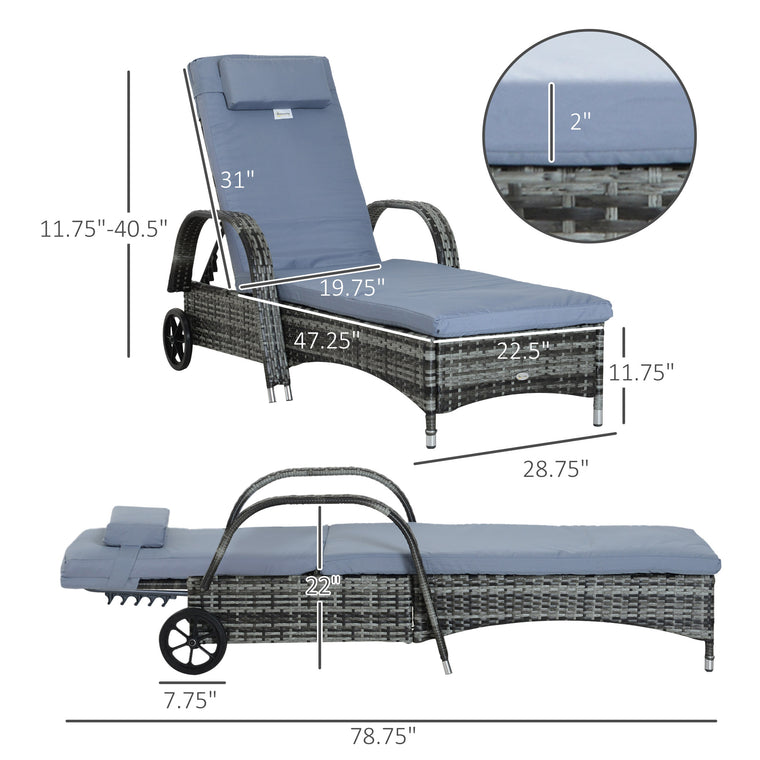 Wicker Chaise Lounge with 5-Level Backrest & Wheels