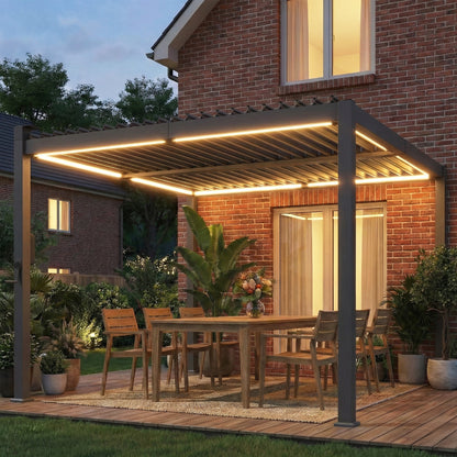10' x 10' Louvered Pergola with LED Lights and Metal Roof