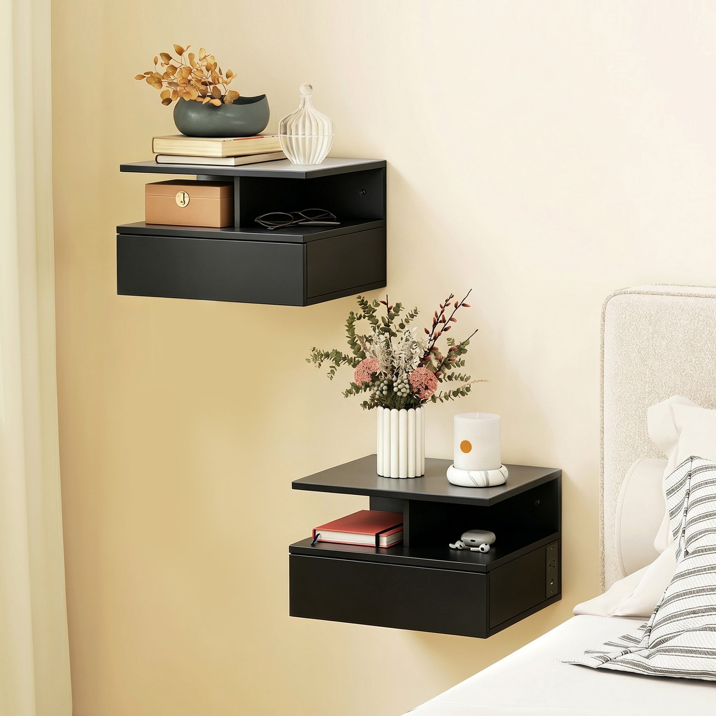 Floating Nightstand Set of 2, Wall Mounted Bedside Table with Power Outlets, Drawer and Shelf, Black