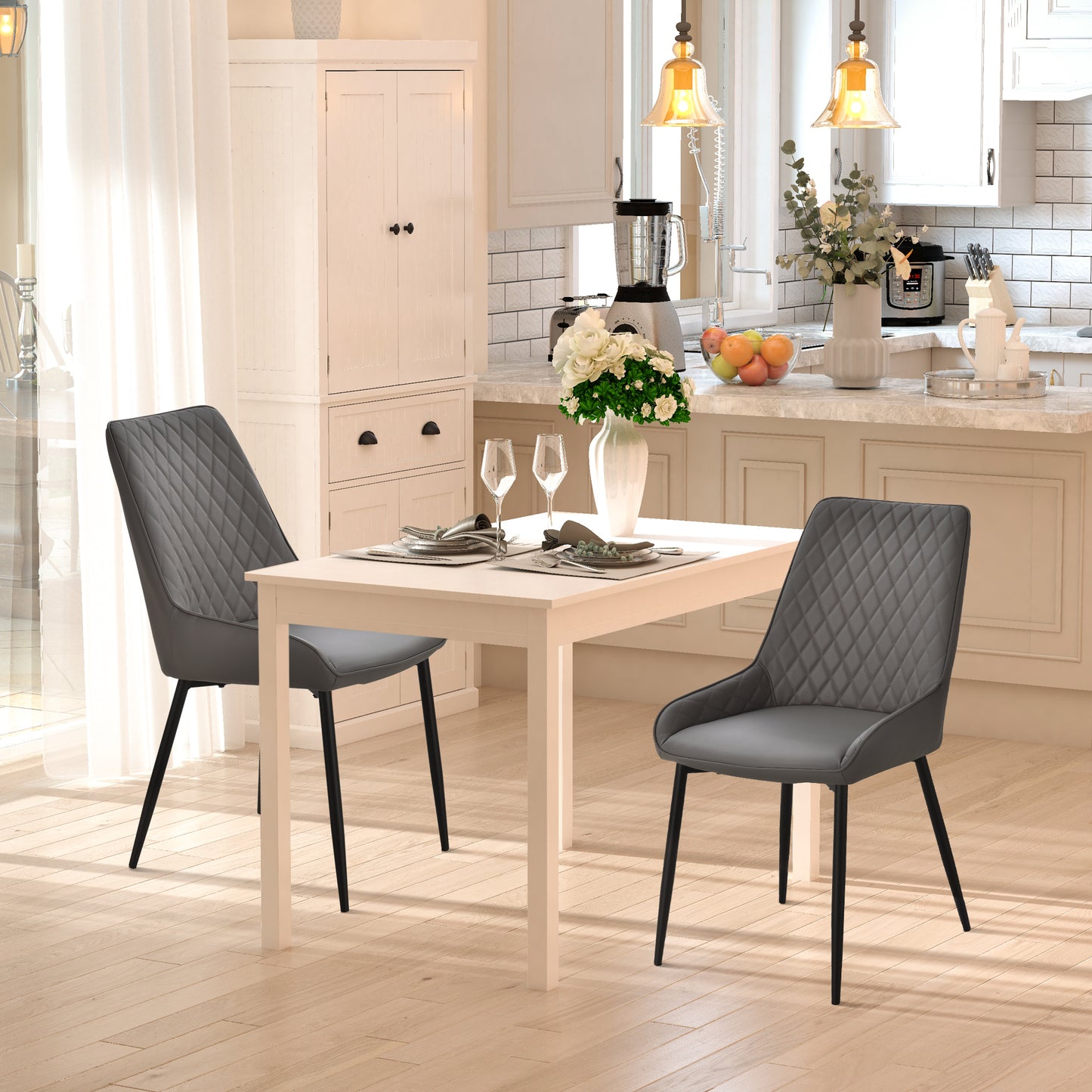 Upholstered Kitchen Chairs, Modern Dining Chairs Set of 2 with Diamond Tufting and Steel Legs for Dining Room, Grey